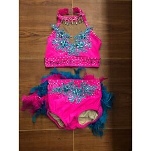 Dance Costume Small Child Pink Jazz Musical Theater Rhinestone 2 pc Feathers